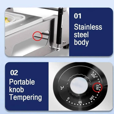 Stainless steel body and portable knob tempering on the Super Cool Commercial Handheld Meat Tray Heat Sealer.