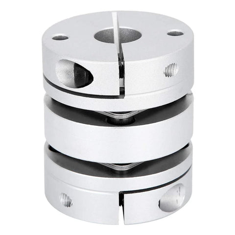 Aluminum alloy two-piece shaft coupling with clamp screws, front view for motor shaft sleeve adapter.