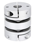 Front view of aluminum alloy shaft coupling adapter, two-piece clamp design with set-screw holes
