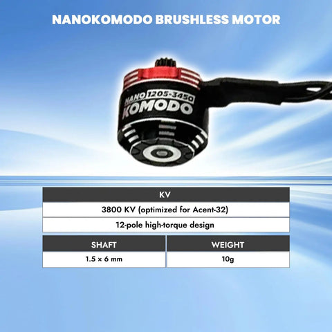 Close-up of NanoKomodo brushless motor for All In One Brushless Power And Control System With NanoPython ESC NanoKomodo Motor.