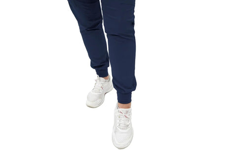 Women's Slim Fit Jogger Scrub Pants With Elastic Yoga Waistband Nurse Medical Uniform in navy, ideal for clinical settings.