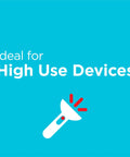 Graphic with text 'Ideal for High Use Devices' featuring a flashlight icon, promoting High Energy AA Batteries 12 Pack Alkaline Double A.
