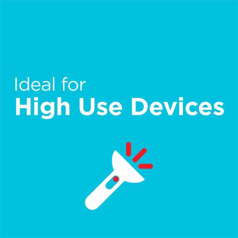 Graphic with text 'Ideal for High Use Devices' featuring a flashlight icon, promoting High Energy AA Batteries 12 Pack Alkaline Double A.