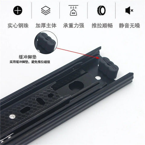 Close-up of Beefed-Up Drawer Slide Track Kit showcasing 20 inch three-section ball bearing rail made from cold rolled steel.
