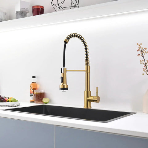 Gold Kitchen Faucet With Pull Down Sprayer, Single Hole, Stainless Steel, LED Temperature Indicator That Changes Color With Water Heat