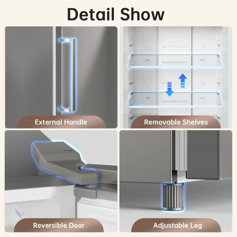 Detail showing features of Massive Convertible Upright Freezer And Refrigerator Combo, 21.2 Cubic Feet Stainless Steel Build.