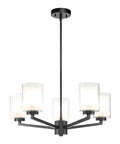 Black 5 Light Farmhouse Chandelier Pendant Light With Dual Glass Shades Adjustable Hanging Dining Room Fixture For Vaulted Ceilings Over Table Modern Rustic Ceiling Light in matte black with clear and frosted glass shades.