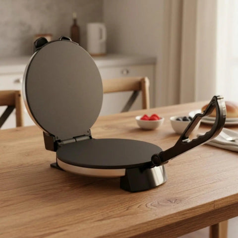 Baoblaze Electric Pancake Maker Nonstick Hinged Flatbread Press on wooden table, black design for easy cooking.