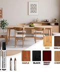 Wood Furniture Scratch Repair Markers And Wax Sticks Touch Up Set With Sharpener For Covering Stains And Gaps On Hardwood Floors Tables No Sweat Restoration Kit displayed with color samples in modern dining room.