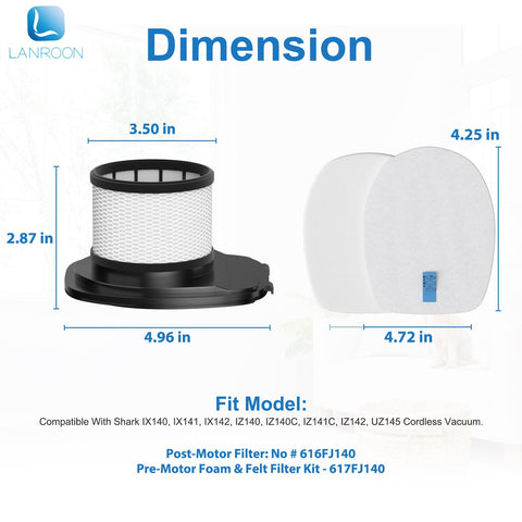 Shark Vacuum Filter Replacement Kit For IX141 IX140 IZ140 IX142 IZ140C IX141C IX141H WZ140 WZ250 dimensions shown