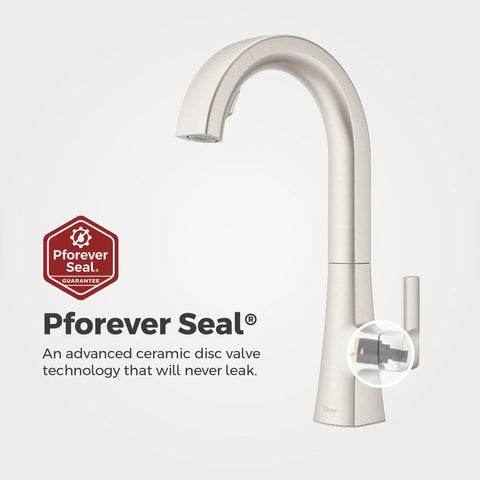 Pfister Vaneri Kitchen Faucet with Pull Down Sprayer, Stainless Steel showing MagnePfit and Pforever Seal technologies.