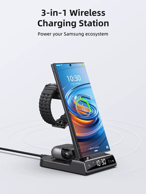 All In One 3 In 1 Wireless Charging Stand With Dimmable Clock And Nightstand Organizer For Galaxy Phones, Watches, And Buds