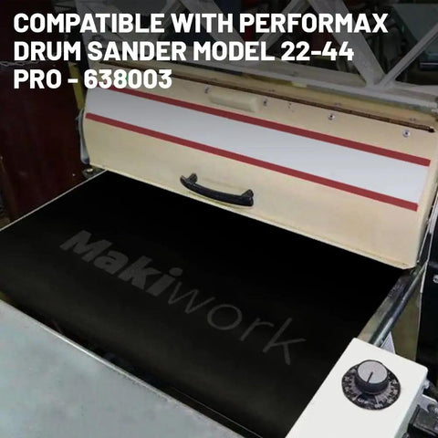 Drum Sander Feed Belt For 22-44 Pro Drum Sander shown on machine, 23 inch width, 62 inch circumference, 100 grit, silicon carbide