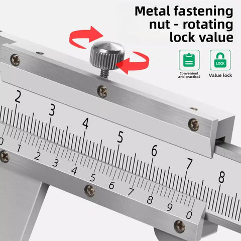Close-up of Pro Grade Stainless Steel Vernier Caliper 0-150mm 0-6 Inch with laser-etched scales and rotating lock nut.