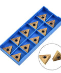 10 Pack Carbide TNMG 160404 Inserts for Lathe Turning Steel and Cast Iron, triangular cutting tools, 16x5mm, gold finish in blue case