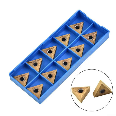 10 Pack Carbide TNMG 160404 Inserts for Lathe Turning Steel and Cast Iron, triangular cutting tools, 16x5mm, gold finish in blue case