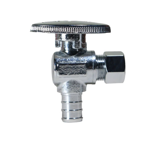 Chrome finish valve from 10 Pack One Half Inch PEX To Three Eighths Inch OD Compression Angle Stop Valve With Brass Body And Metal Handle