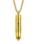 Gold Bullet Pendant Necklace With Engraved Cross And Bible Charm Premium Stainless Steel Unisex Jewelry close-up view with chain.