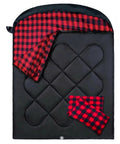 Cozy Double Sleeping Bag For Adults With 2 Pillows, Flannel Cotton 2 Person XXL Queen Size, visible quilted exterior and red flannel interior.
