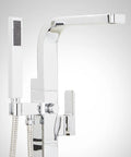 Hibiscus Straight Up Modern Freestanding Tub Faucet Forged From Solid Brass Featuring Integrated Hand Shower On Flex Hose for easy rinsing.