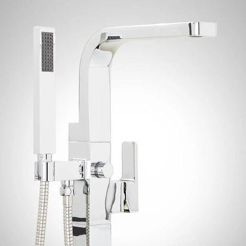 Hibiscus Straight Up Modern Freestanding Tub Faucet Forged From Solid Brass Featuring Integrated Hand Shower On Flex Hose for easy rinsing.