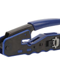 Side view of All In One Ethernet Crimping Tool For Cat5 Cat5e Cat6 Cat6A Pass Through Connectors with blue handle and hardened blades
