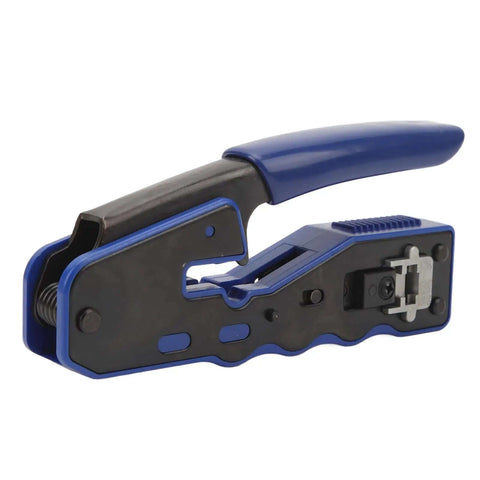 Side view of All In One Ethernet Crimping Tool For Cat5 Cat5e Cat6 Cat6A Pass Through Connectors with blue handle and hardened blades