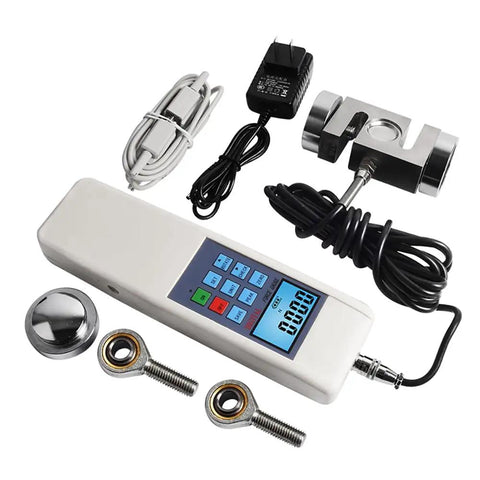 Digital Force Gauge 10 KN Push Pull Dynamometer With External Load Cell USB Output Peak And Track Modes Three Units N Kg Lb One Percent Accuracy For Precise Tension Testing And Material Strength Checks, with cable and adapters
