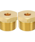 Front view of two brass hex bushings, 1/8 in NPT female to 3/4 in NPT male, 2-pack pipe fittings