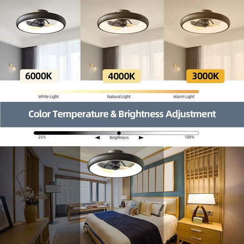 Ceiling Fan With Lights Dimmable LED Lighting Remote Control Timing Reversible Five Invisible Blades Semi Flush Mount Low Profile 18.9 Inch Gold Finish Summer And Winter Breeze Quiet Operation showing adjustable color temperature.