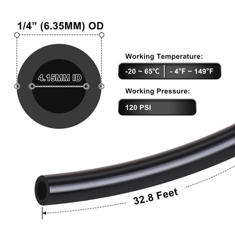 Hromee air line PU tubing, 1/4 in (6.35 mm) OD, 32.8 ft, black