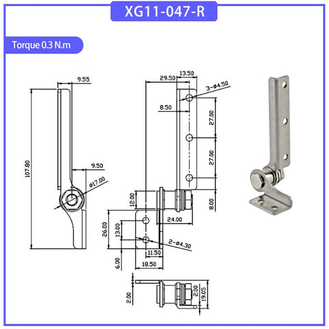 Installed damping torque hinge in 304 stainless steel with adjustable stop, model XG11-047R, 0.3 N·m