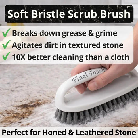 Hand using soft bristle scrub brush on stone surface with text detailing cleaning benefits: AllStone Countertop Cleaner Plant Based Stone Safe Daily Use Spray With Scrub Brush For Granite Quartz Marble And Stone Surfaces Delivers Streak Free Detail Clean Without Harsh Chemicals.