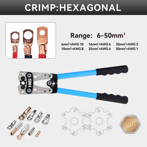 Heavy Duty Battery Cable Crimping Tool Kit With Rotatable Jaw And Six Crimp Sizes From 10 To 1 AWG, includes copper terminals