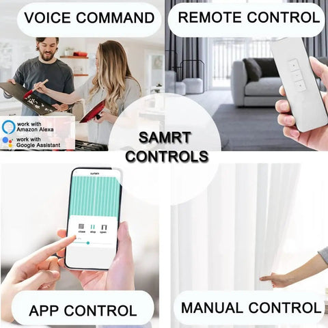 Smart Curtain System With Electric Track And Adjustable Rail, Motorized Curtain Rods With Remote, Automatic Opener, Works With Alexa And Google Home, Up To 200 Inches, Easy Install And Quiet Operation showing voice, remote, app and manual control