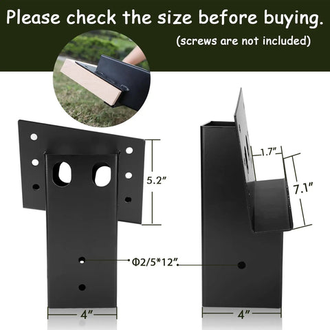 Built Tough Four By Four Steel Bracket Kit With Rugged Black Powder Coating for Hunting Box Blinds, showing dimensions 5.2" and 7.1".