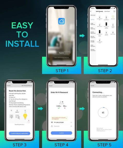 Installation steps for 4 Pack Smart LED Bulbs With 16W 1600 Lumens A21 Dimmable WiFi RGB CW Color Changing Tunable White 2700K-6500K