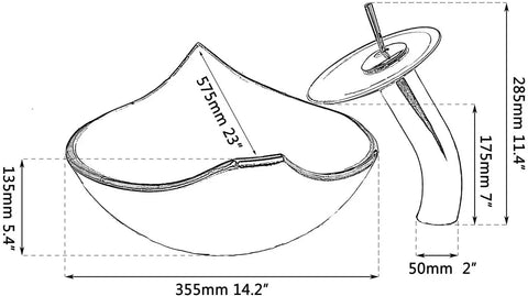 Diagram of Leaf Shape Vessel Sink Set with tempered glass basin and waterfall chrome faucet dimensions