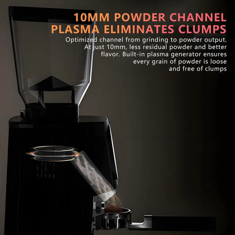 Straight Fire Commercial Flat Burr Coffee Grinder Featuring 1000 Gram Bean Hopper And Smart Automatic Dosing Screen For Quick Espresso Prep showing 10mm powder channel.
