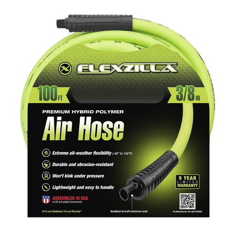 Package of Ultra Flexible Lightweight Hybrid Air Hose 3/8 Inch By 100 Ft With 1/4 Inch Mnpt Fittings, abrasion-resistant.