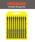 AVERZELLA 10-pack masonry drill bits set in yellow storage box; 3/16 inch spear-point bits with hex shanks.
