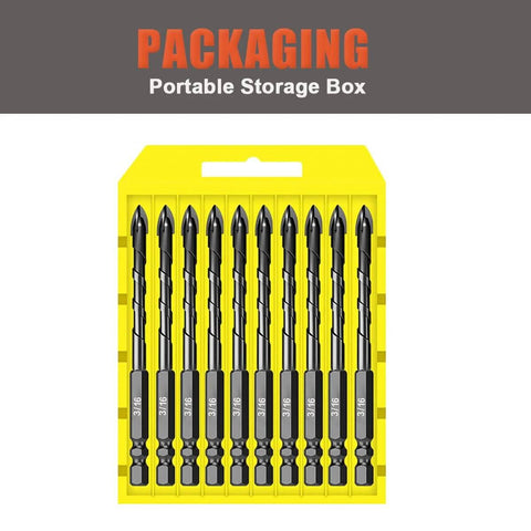 AVERZELLA 10-pack masonry drill bits set in yellow storage box; 3/16 inch spear-point bits with hex shanks.