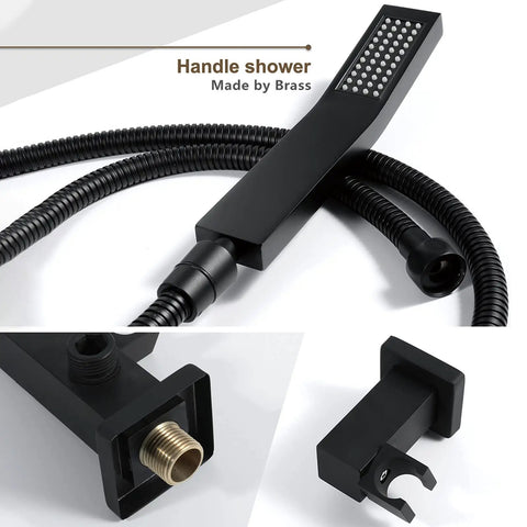 Slick Black Wall Mounted Thermostatic Shower System Featuring Heavy Duty Rainfall Head And Adjustable Handheld Sprayer No Fuss Push Button Switch For A Smooth Bathroom Game Changer - close-up of brass handheld sprayer with black finish.