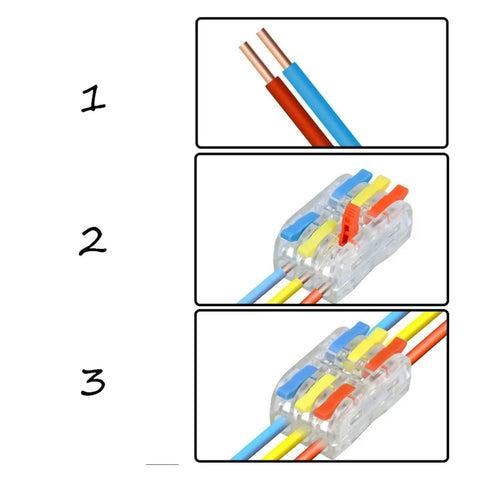 Snazzy Mini Push In Wire Splitter Terminal Block With 10 Pieces For Instant Tool Free Splicing Of Solid Stranded And Flexible Copper Conductors In Home Wiring And Led Projects Featuring Tin Plated Contacts And Flame Retardant PA66 Housing Rating For, transparent 3-wire connector