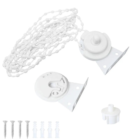 Top Tier Roller Shade Repair Kit Featuring Built Tough Metal Brackets And Smooth Pull Cord Chains For Plug And Play Installation And Serious Window Treatment Upgrades In Classic White, includes white chain, brackets, and screws.