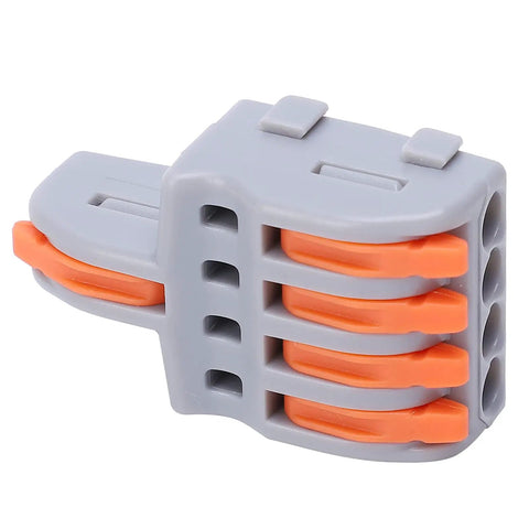 20 Pack Push In Wire Connectors 1 To 4 Out Electrical Terminal Block Copper Conductor Splitter For Recessed Fixtures And Auto Wiring Quick Lock No Sweat Install Heat Resistant Shell Orange close-up view