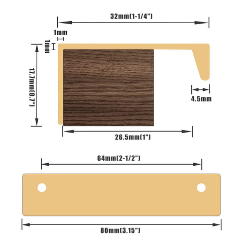 Diagram of brushed gold 80mm finger edge pull handle with detailed measurements for kitchen doors, part of 10 Pack Finger Edge Pull Handles 80mm Brushed Gold Aluminum Edge Pulls Right Angle Cabinet Hardware For Kitchen Doors And Drawers Two And A Half Inch Hole Spacing Budget-Friendly Includes Screws And Mini Screwdriver.
