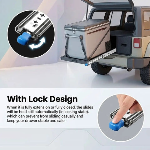Beefy 53mm Width Heavy Duty Locking Drawer Slides With Lock 3 Fold Full Extension Side Mount Ball Bearing Rails 250 Lb Load Capacity 12 to 40 Inch Range For Cabinets Steel Furniture And DIY Projects shown in vehicle application