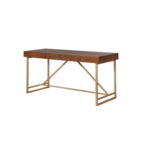 Game Changing Adjustable Standing Desk With Dang Sturdy Gold Metal Legs And Smooth Walnut Top featuring two drawers.