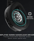 Close-up of Stealth 600 Wireless Multiplatform Gaming Headset's 50mm Nanoclear drivers for PS5 PS4 PC and mobile, showcasing interior design.